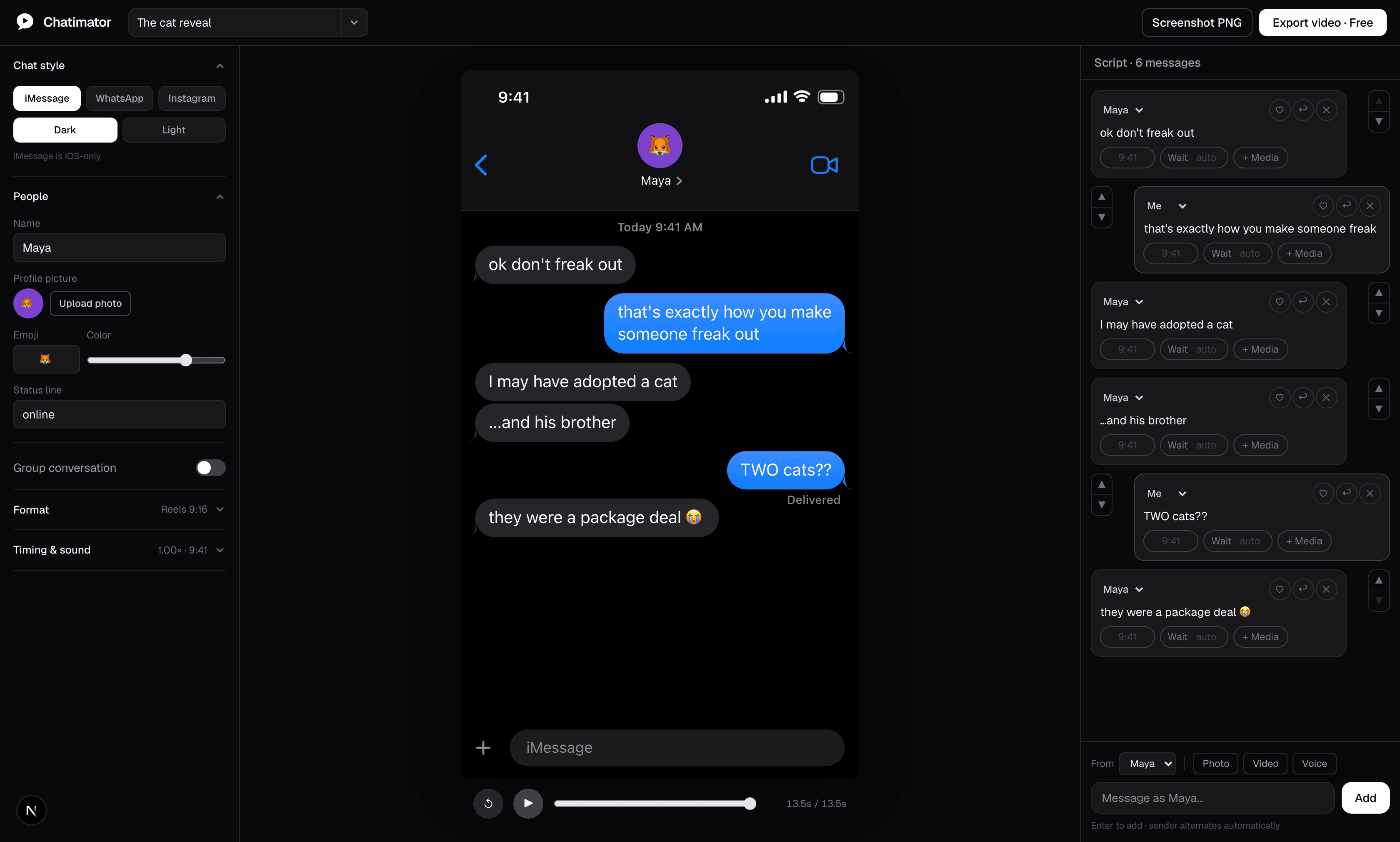 The Chatimator editor: chat style panel on the left, live phone preview in the center, message script on the right