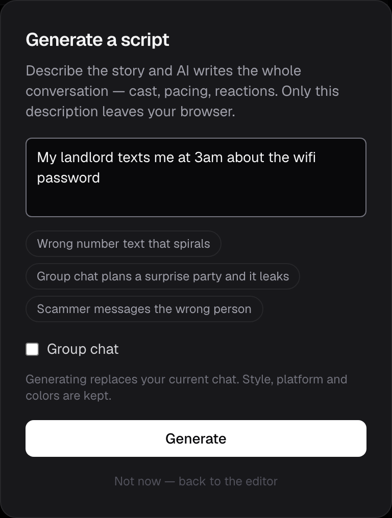 The AI script generator: a topic box, example prompts, a group-chat toggle and a Generate button