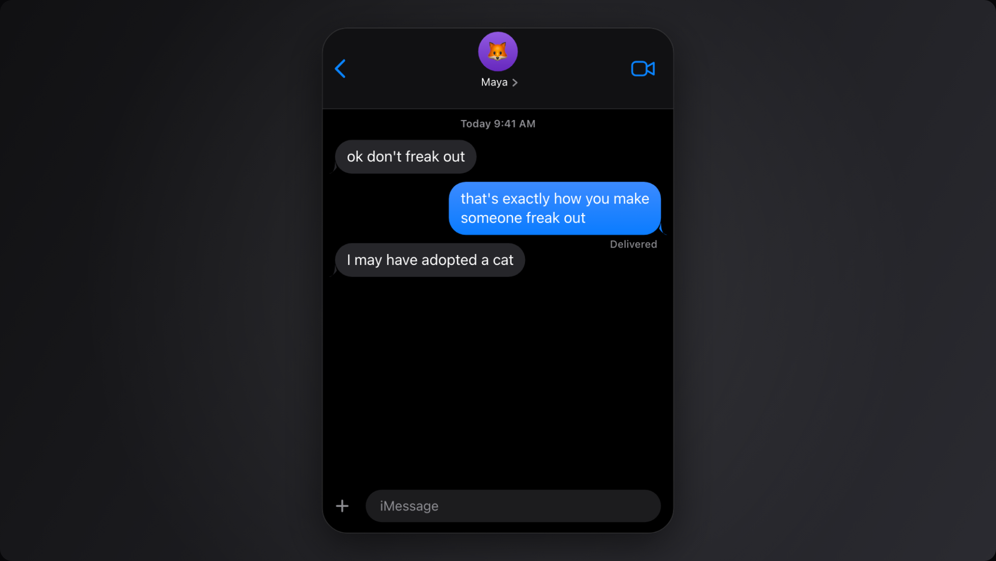 A 16:9 composition: the phone chat centered on a dark backdrop, ready for YouTube