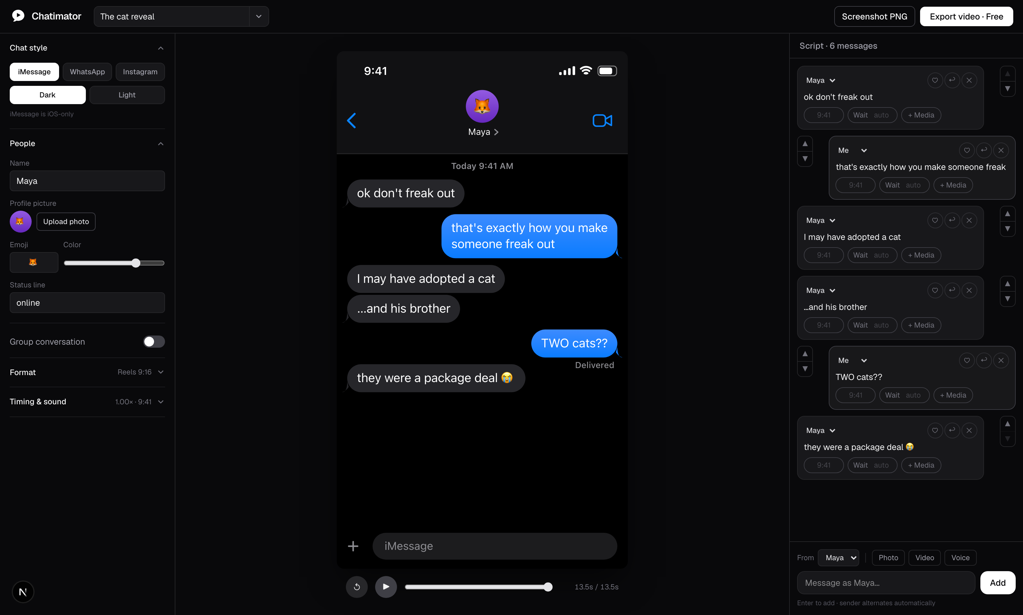 The Chatimator editor: chat style panel on the left, live phone preview in the center, message script on the right