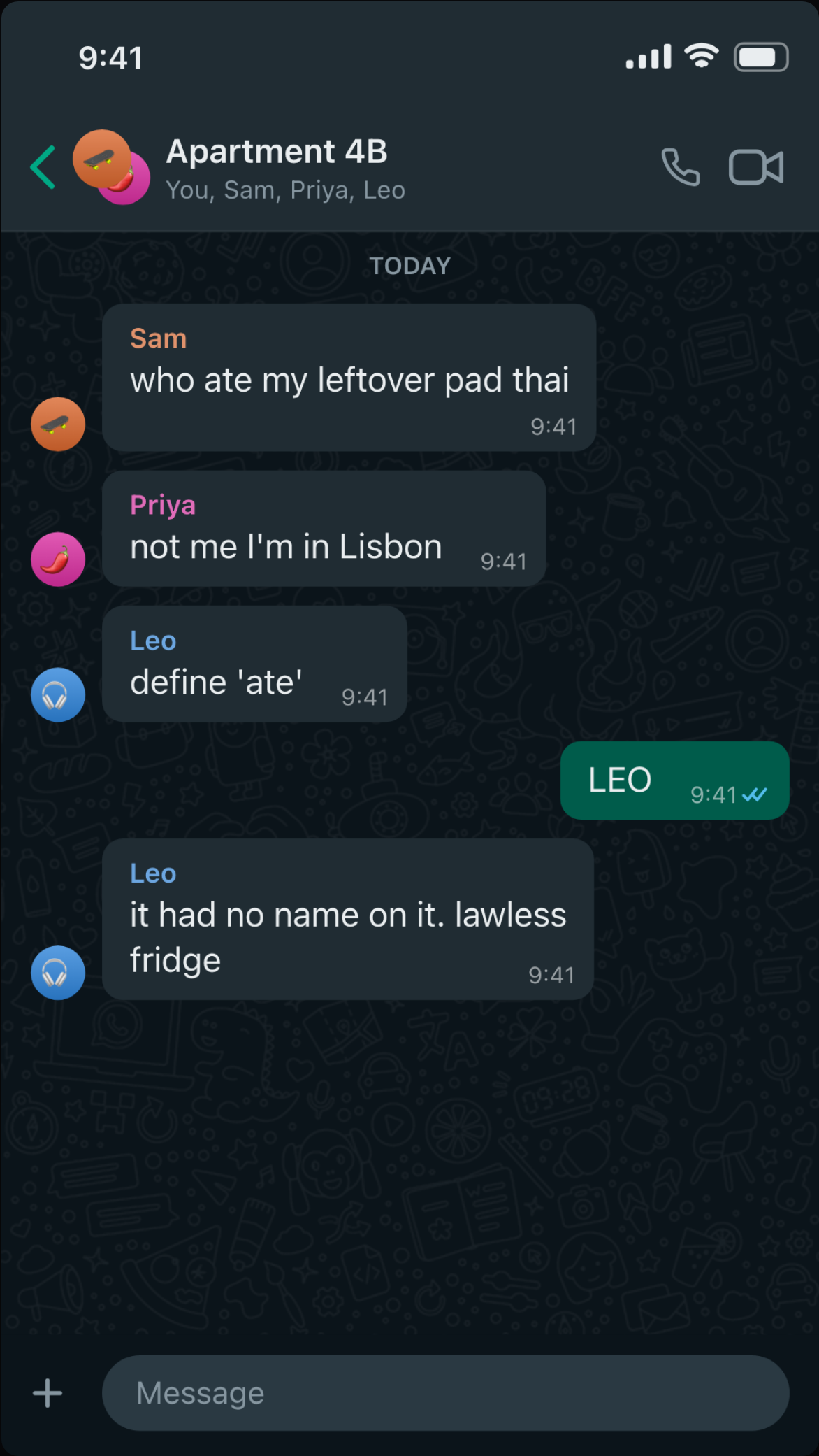 A WhatsApp group chat with three named members, colored sender names and avatars
