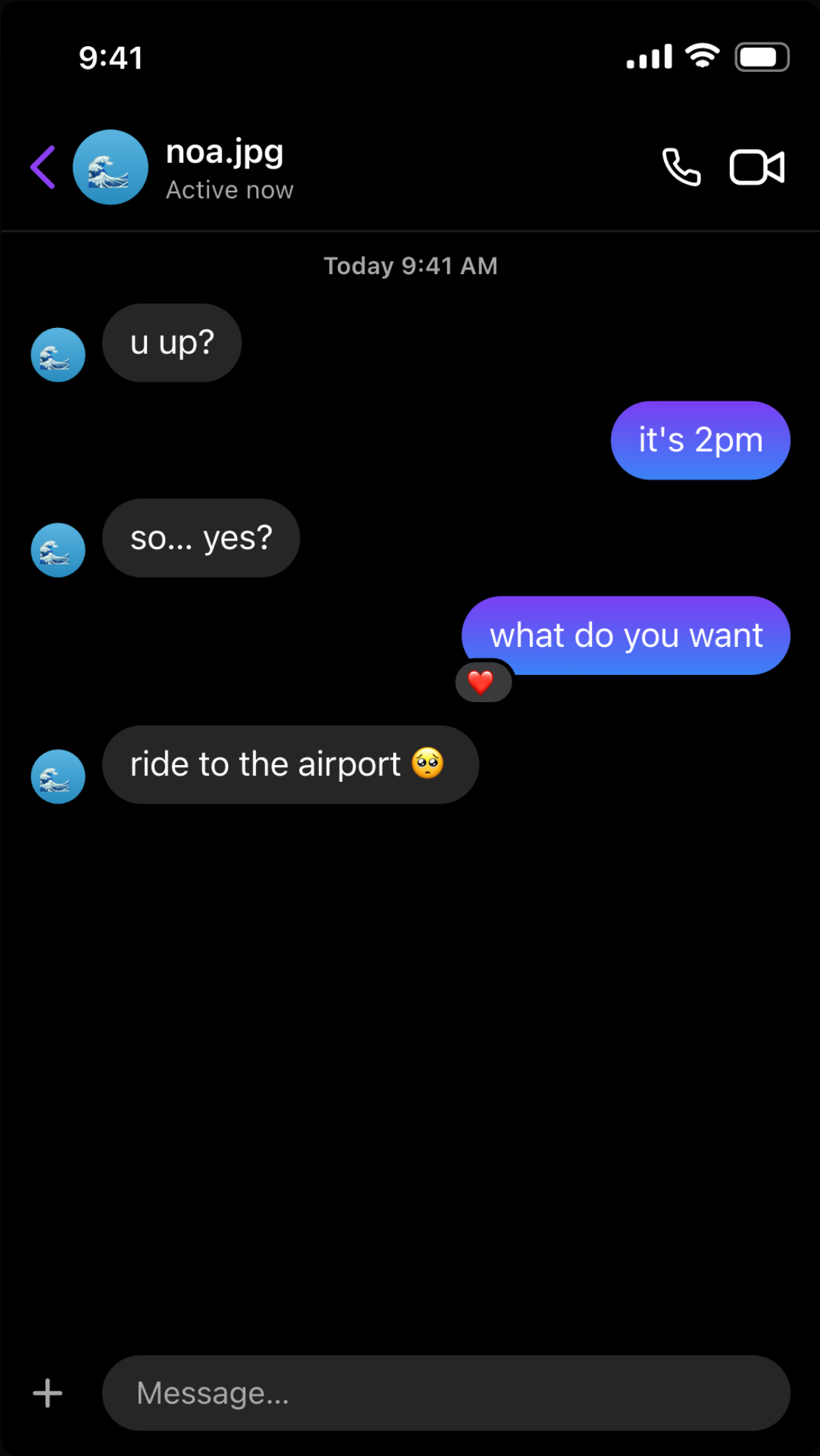 Instagram DM in dark mode with gradient bubbles and Active now status