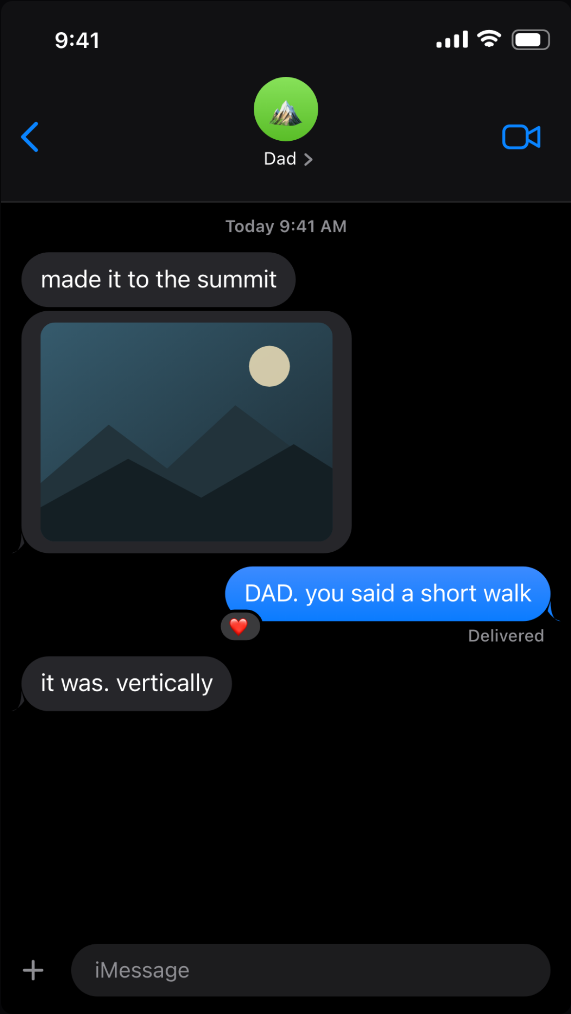 An iMessage conversation with a photo bubble, an emoji reaction and a Delivered receipt