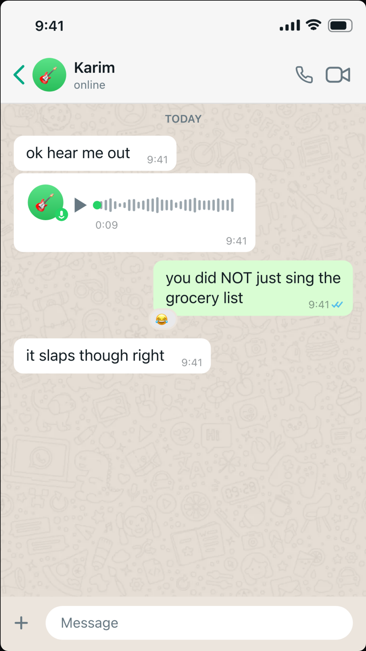 WhatsApp in light mode with a voice note, blue ticks and the doodle wallpaper